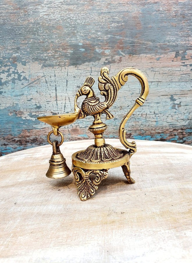 Mohan Jodero Peacock Deepak/Diya with Bell Antique Home Decorative for Temple & Festival - Image 4